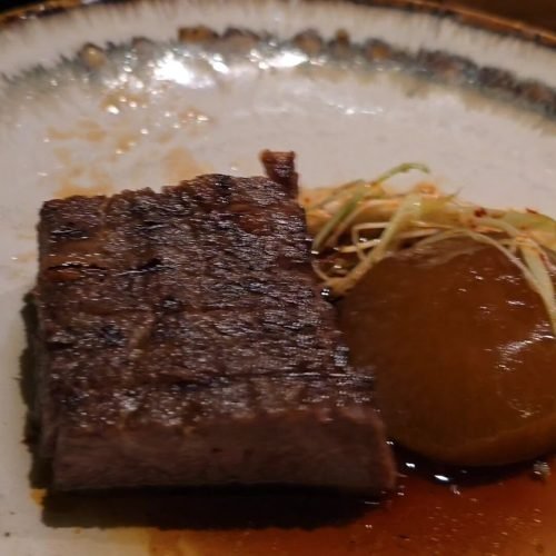A5 WAGYU AND POACHED WHISKY PEARS